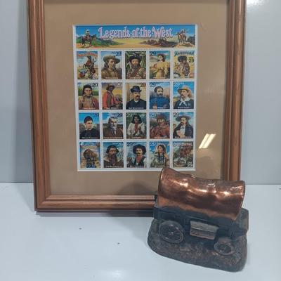 Framed Legends of the West stamp collection with Bronze stagecoach