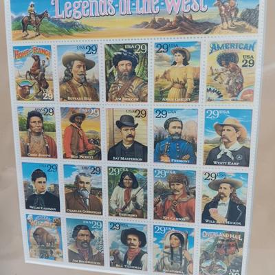 Framed Legends of the West stamp collection with Bronze stagecoach
