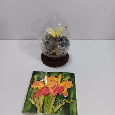 Vintage Taxidermy Butterfly in a cloche dome with Lillies on a tile and a pink decorative vase