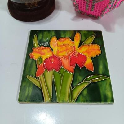 Vintage Taxidermy Butterfly in a cloche dome with Lillies on a tile and a pink decorative vase
