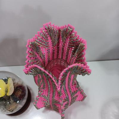Vintage Taxidermy Butterfly in a cloche dome with Lillies on a tile and a pink decorative vase