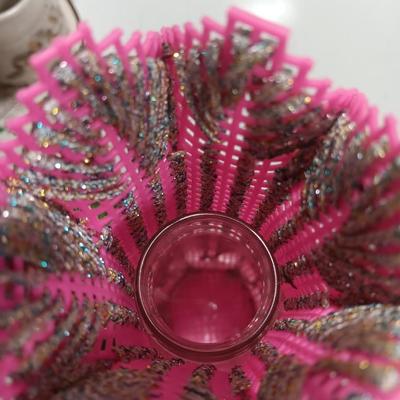 Vintage Taxidermy Butterfly in a cloche dome with Lillies on a tile and a pink decorative vase