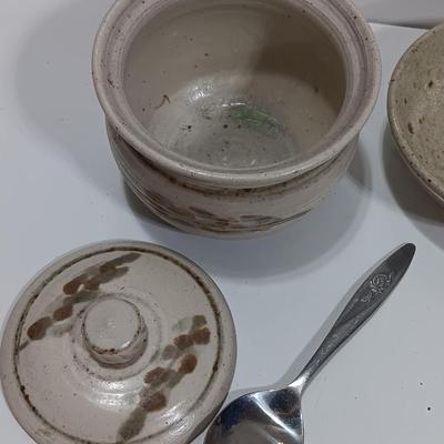 Cute pottery cream & sugar dishes with floral plate and small bowl