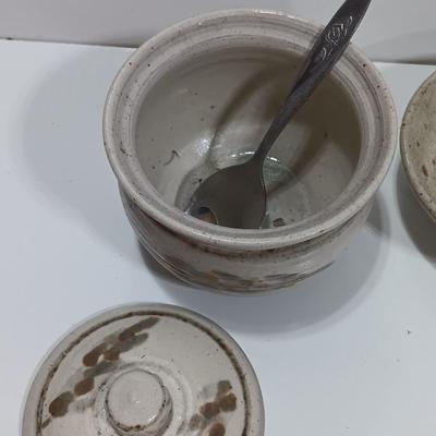 Cute pottery cream & sugar dishes with floral plate and small bowl