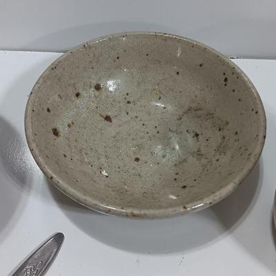 Cute pottery cream & sugar dishes with floral plate and small bowl