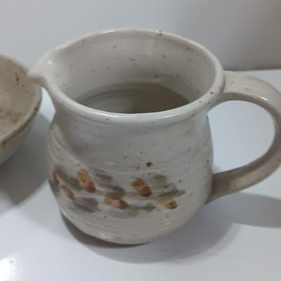 Cute pottery cream & sugar dishes with floral plate and small bowl