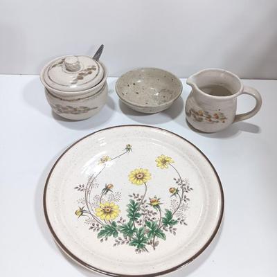 Cute pottery cream & sugar dishes with floral plate and small bowl