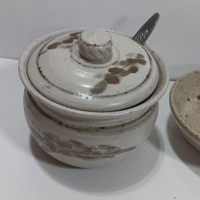 Cute pottery cream & sugar dishes with floral plate and small bowl