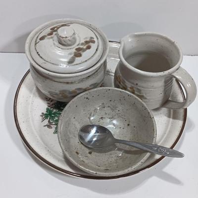 Cute pottery cream & sugar dishes with floral plate and small bowl