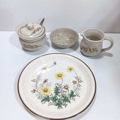 Cute pottery cream & sugar dishes with floral plate and small bowl