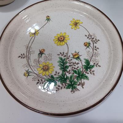 Cute pottery cream & sugar dishes with floral plate and small bowl