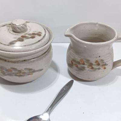 Cute pottery cream & sugar dishes with floral plate and small bowl