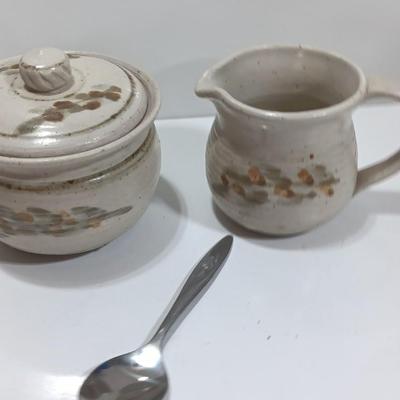 Cute pottery cream & sugar dishes with floral plate and small bowl