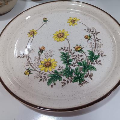 Cute pottery cream & sugar dishes with floral plate and small bowl