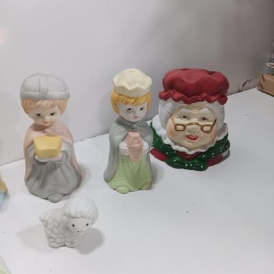 Porcelain Christmas nativity set with vintage Mrs. Claus