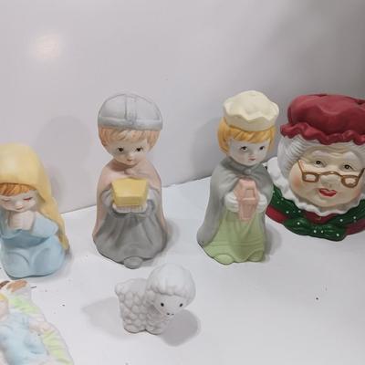 Porcelain Christmas nativity set with vintage Mrs. Claus