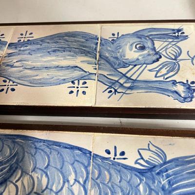 Lot of 3 Vintage Painted Tiles on Wood Art