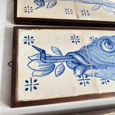 Lot of 3 Vintage Painted Tiles on Wood Art