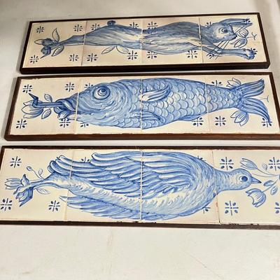 Lot of 3 Vintage Painted Tiles on Wood Art