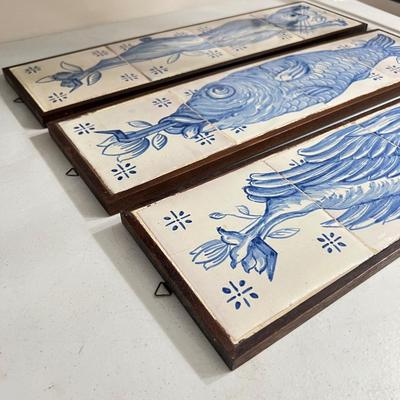 Lot of 3 Vintage Painted Tiles on Wood Art