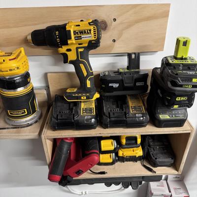 DeWalt Palm Sander and Rechargeable Drill- with multiple batteries and chargers & 2 misc. power tools (red).