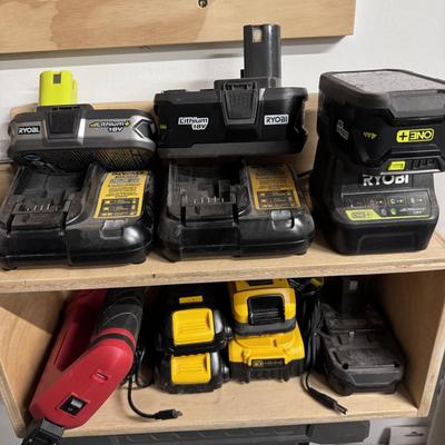 DeWalt Palm Sander and Rechargeable Drill- with multiple batteries and chargers & 2 misc. power tools (red).