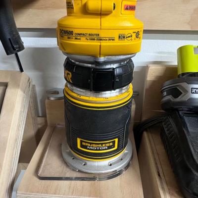 DeWalt Palm Sander and Rechargeable Drill- with multiple batteries and chargers & 2 misc. power tools (red).