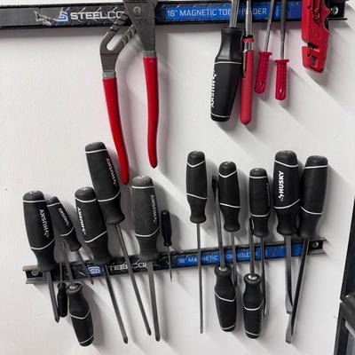 Screwdrivers, Wire Cutters, Chisels, etc.- includes magnetic wall-mounted holders (4)