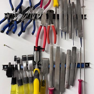 Screwdrivers, Wire Cutters, Chisels, etc.- includes magnetic wall-mounted holders (4)