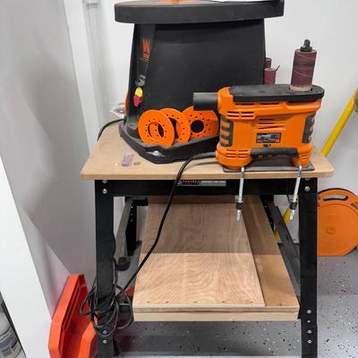WEN Oscillating Spindle Sander, WEN Handheld Spindle Sander, and Work Bench