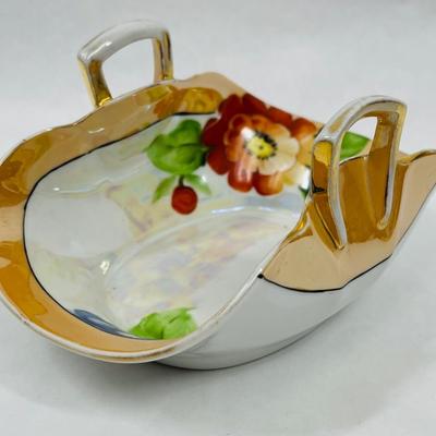 Nippon Hand-painted Flowers Folded Basket Handles orange red blue