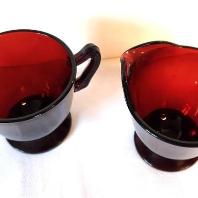 Lot #46 Vintage Ruby Red Glass Open Sugar/Creamer combo