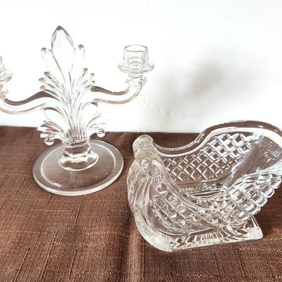 Lot #50 2 Piece Glass lot - 2 arm candelabra and Santa's Sleigh