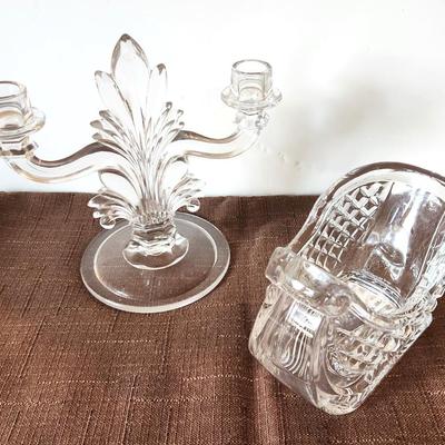 Lot #50 2 Piece Glass lot - 2 arm candelabra and Santa's Sleigh