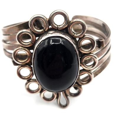 Lot #52D Sterling Silver Mexican Cuff Bracelet with Large Oval Onyx