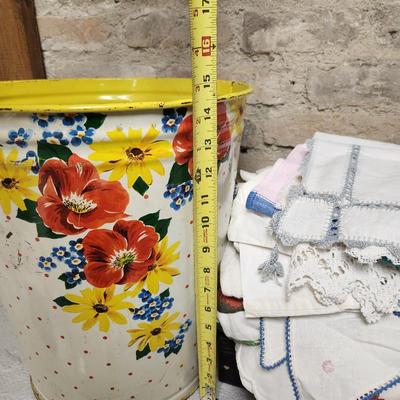 Vintage Can filled with misc linens
