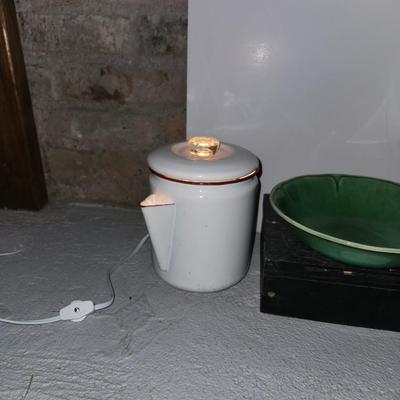 Red coffee pot lamp and nehi bottle