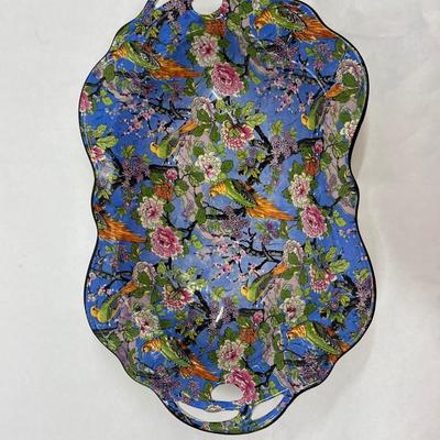 Handled Serving Platter Crown Ducal Ware Blue Parrot Chinz Pattern