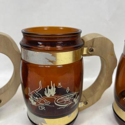 LOT of (3) Siesta Ware Amber Brown Glass Western Barrel Mugs