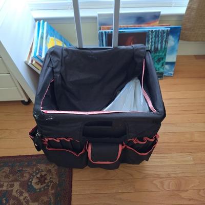 tool/craft bag with pink piping & wheels