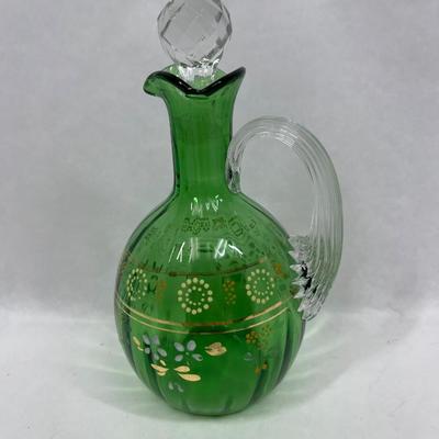 Green Art Glass Cruet Decanter Bohemian Hand Enameled Floral design with stopper