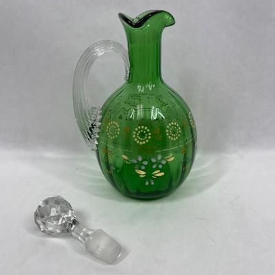 Green Art Glass Cruet Decanter Bohemian Hand Enameled Floral design with stopper
