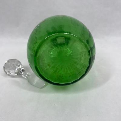 Green Art Glass Cruet Decanter Bohemian Hand Enameled Floral design with stopper