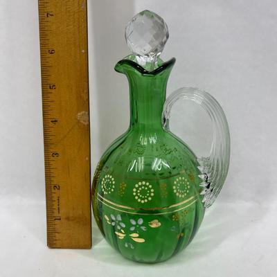 Green Art Glass Cruet Decanter Bohemian Hand Enameled Floral design with stopper