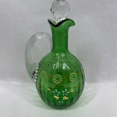 Green Art Glass Cruet Decanter Bohemian Hand Enameled Floral design with stopper