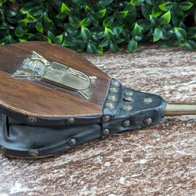 Vintage Fireplace Bellows Works Wood Leather Metal Coat of Arms
