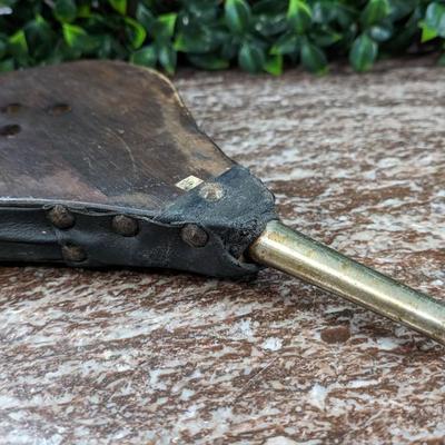 Vintage Fireplace Bellows Works Wood Leather Metal Coat of Arms