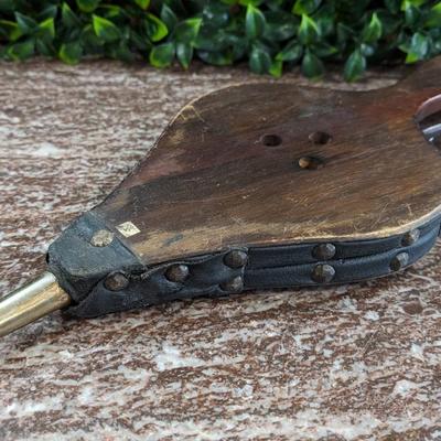 Vintage Fireplace Bellows Works Wood Leather Metal Coat of Arms