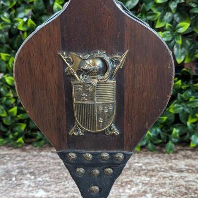Vintage Fireplace Bellows Works Wood Leather Metal Coat of Arms