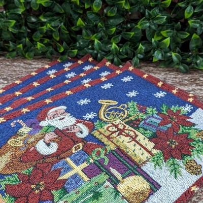 Set of 4 Vintage Santa Placemats Christmas Cloth Poinsettia